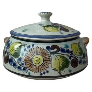 CAT Tonalá 359 Hand-Painted Mexican Pottery Covered Dish – Green Blue Yellow